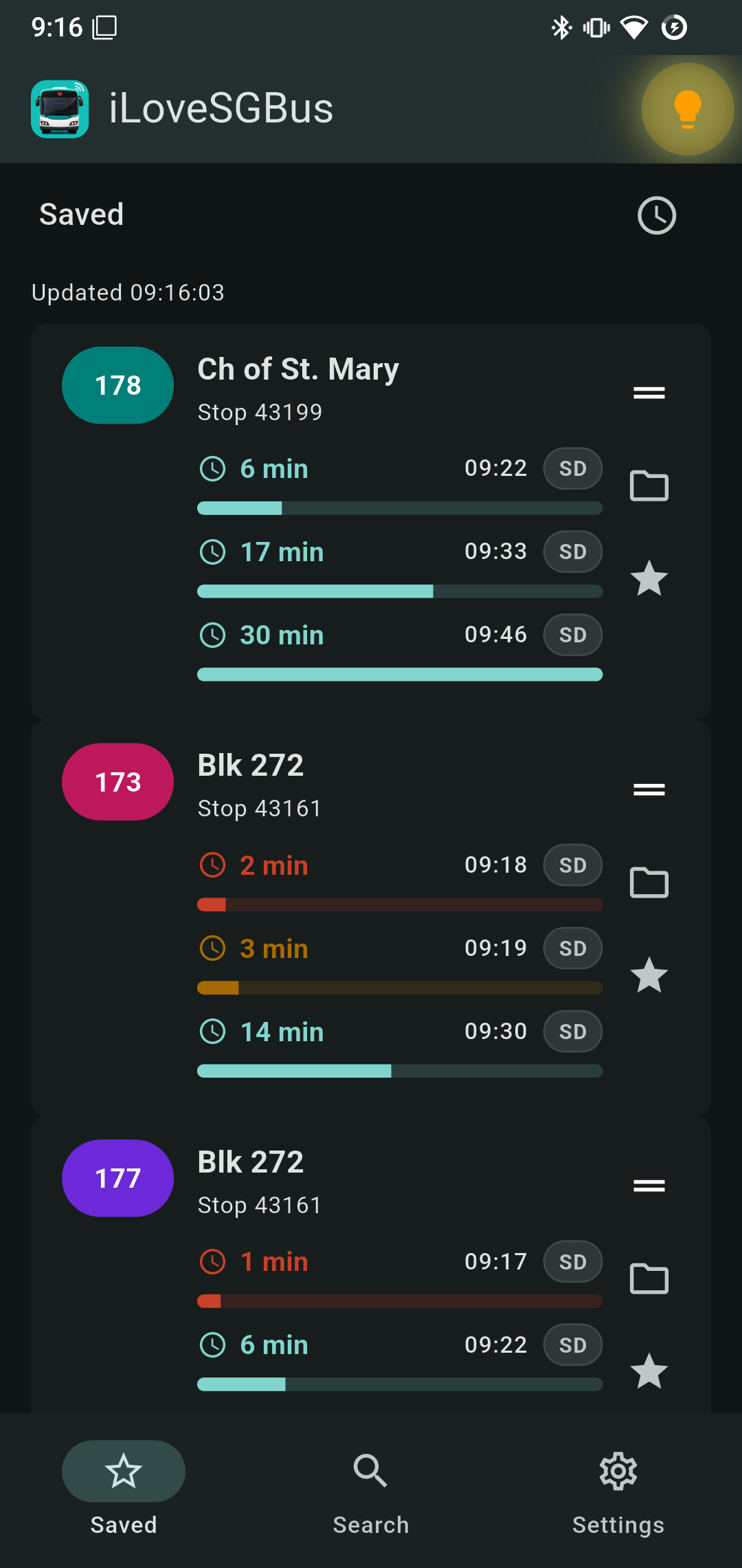Saved bus arrivals screen