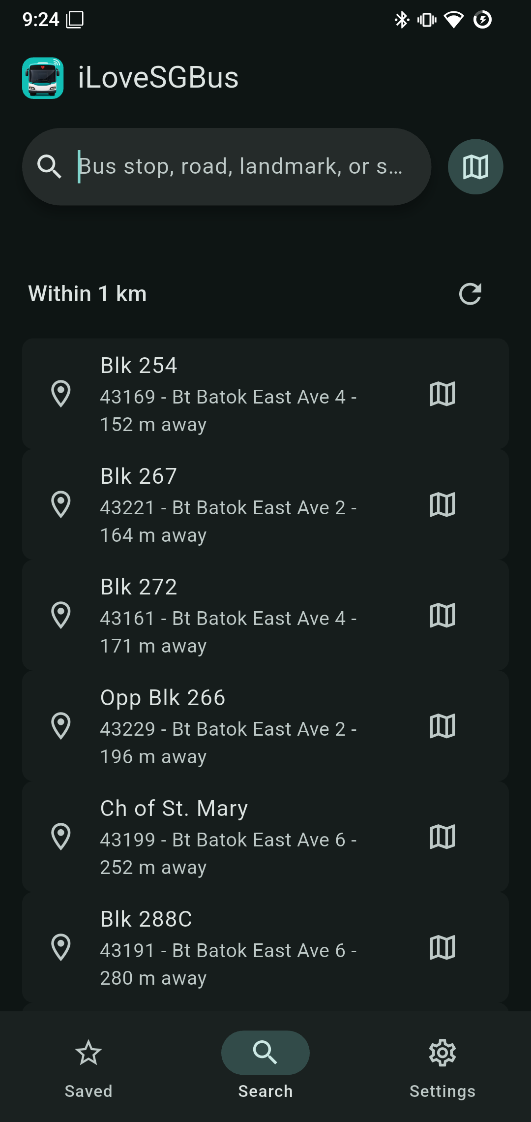 Nearby bus stops screen