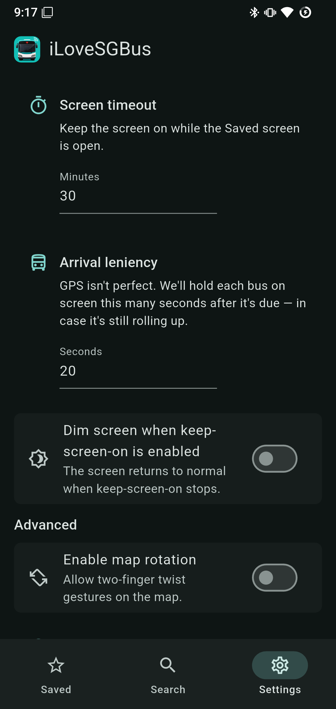 Settings screen